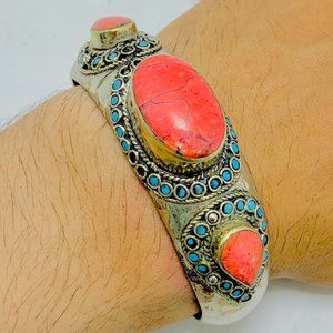 SingleTribal Coral Stones Cuff Bracelet With Turquoise Beads, Handmade Coral
